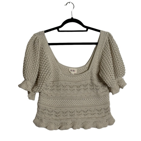 Anthropologie Tops - NWT Bibi Boutique Crochet Boho Beige Puff Sleeve Ruffle Peplum Blouse Size Md